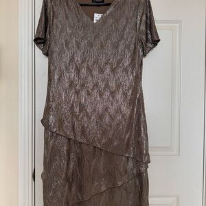 connected apparel Metallic Taupe Layered V-Neck Midi Dress